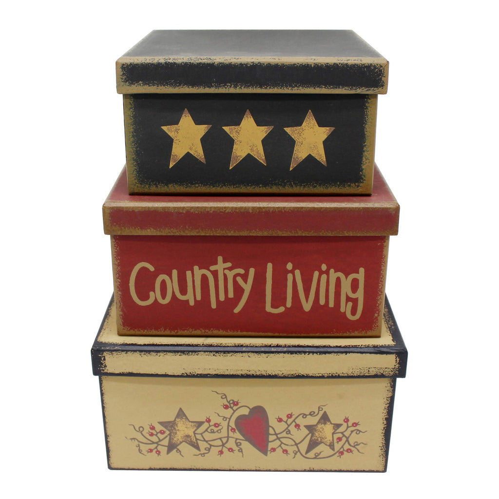 Farmhouse Square "Country Living" Cardboard Nesting Boxes for Photos Memories Keepsakes, Large 9 X 9 X 4-1/2 Inch.
