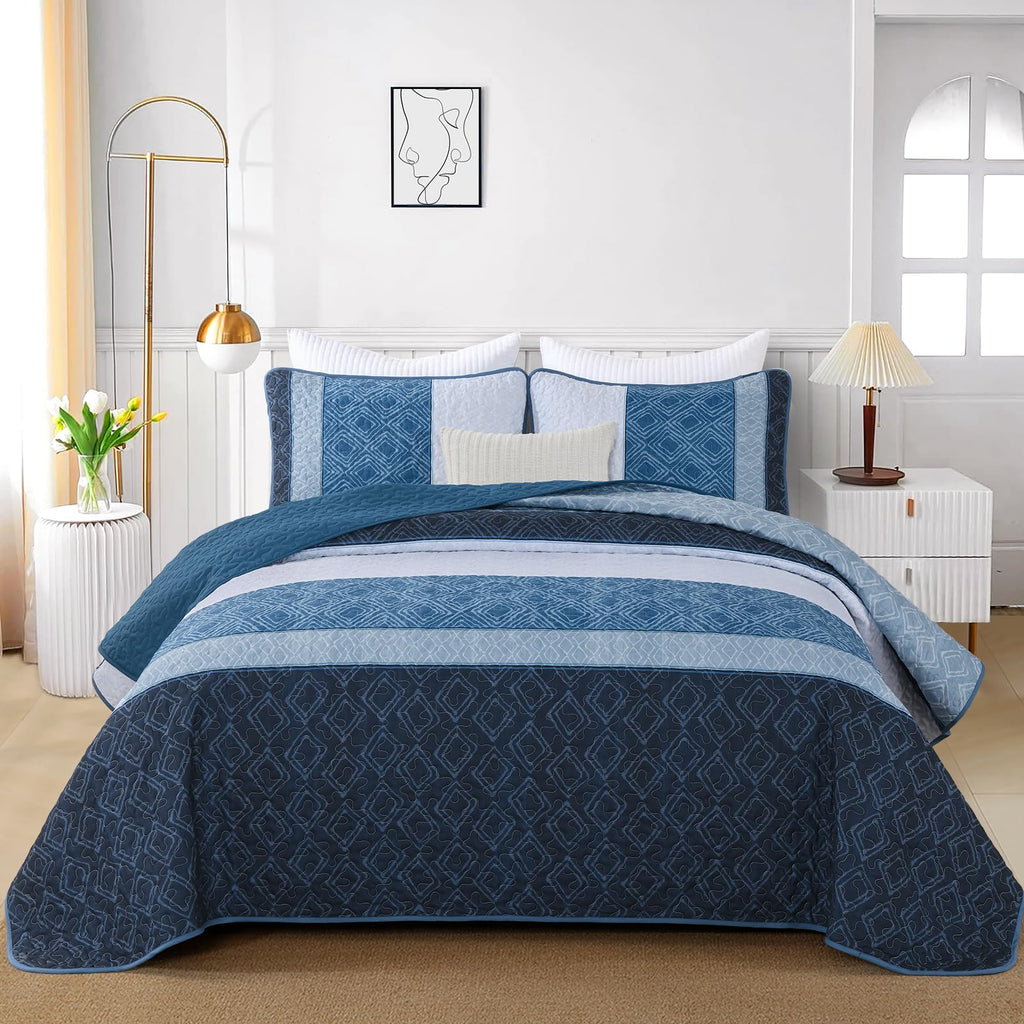 Navy Blue Quilt Set, Striped Plaid Bedspread Coverlet Set