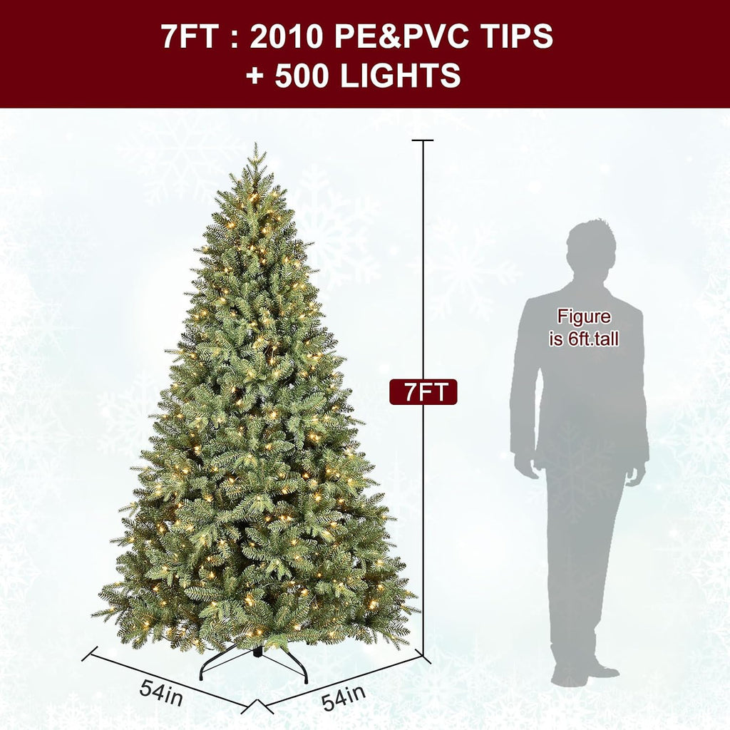 7FT Prelit Artificial Christmas Tree, 2272 PE/PVC Tips, 500 Lights | Warm White Incandescent Lights, Full Realistic