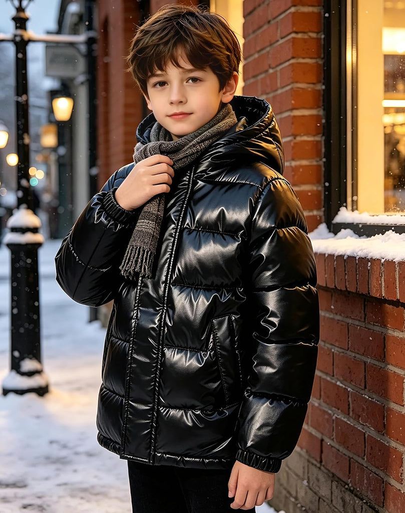 Boys Shiny Puffer Hooded Jacket Wash-Free Winter Coat