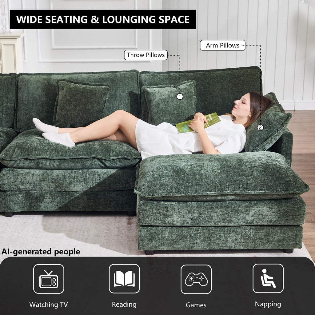 76.7" W Green Deep Seat Cloud Loveseat Sofa Sectional Couch, Chenille 2 Seat L Shaped Modular with Ottoman Chaise Set