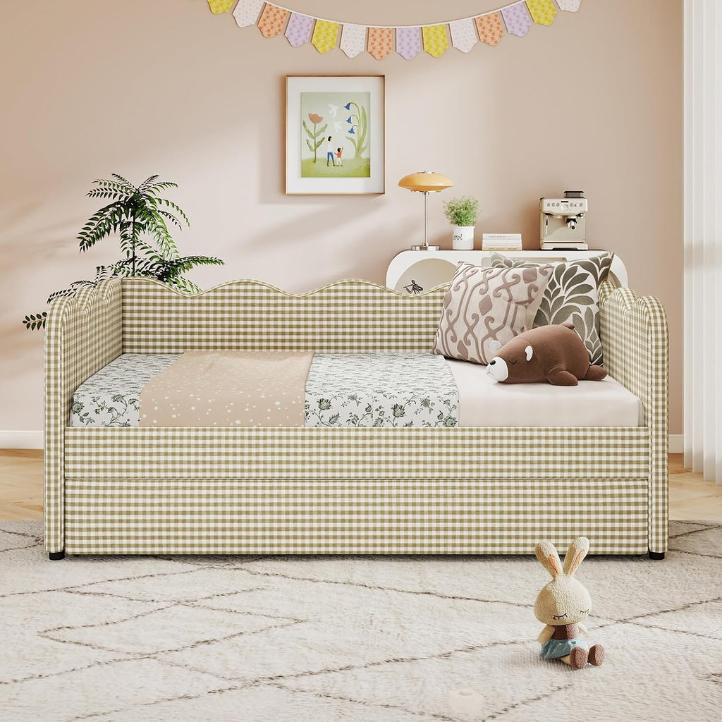 Twin Size Daybed with Pop Up Trundle, Twin to King Gingham Daybed with USB, Upholstery Adorable Wave Shaped Linen
