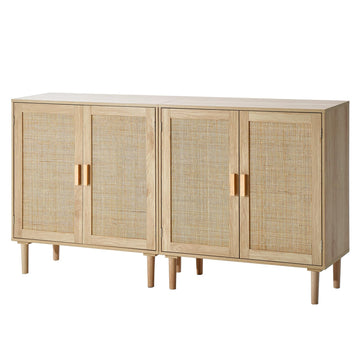 Rattan Buffet Cabinet with Storage, 4 Magnetic Doors and Adjustable Shelves, Sideboard, Natural