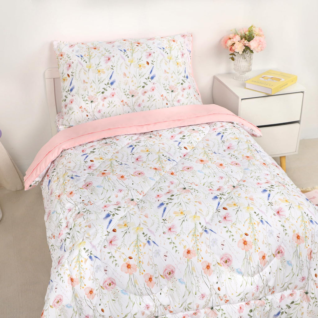 Toddler Bedding Set for Girls, 4 Piece Floral Toddler Comforter Set, Ultra Soft Baby Girl Crib Bed Bedding Includes