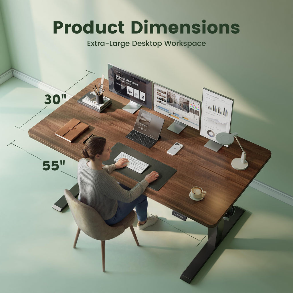 55x30 Large Electric Standing Desk, 30" Deep Desktop, Black Walnut