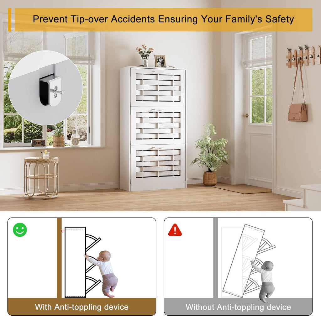 White Shoe Cabinet Storage with 3 Flip Drawers