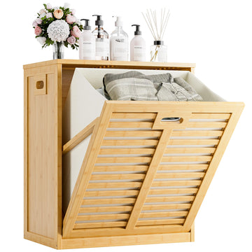 Tilt Out Laundry Hamper, Bamboo Laundry Cabinet with Hidden Removable Basket, Freestanding Clothes Storage organizer