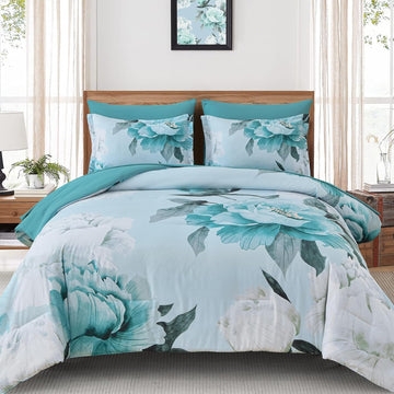 Dobuyly Floral Comforter Set 7 Piece Bed in a Bag, Aqua Flowers Printed on Light Blue Comforter Set with Sheets
