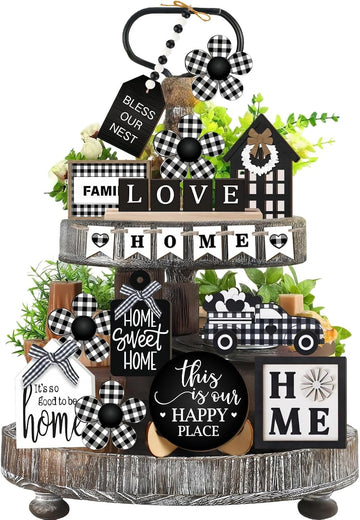 Farmhouse Home Tiered Tray Decor Set - Rustic Wooden Tabletop Decorations with Vintage Country Style, Shelf & - Set of 23