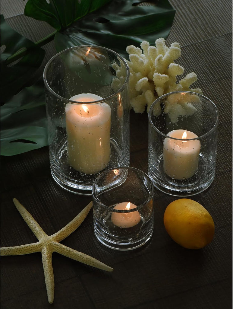Glass Candle Holders Set, 3 Sizes 8" 5" 3.5" Height | Hurricane Vase Centerpieces, Clear Seeded Bubbles Cylinder For