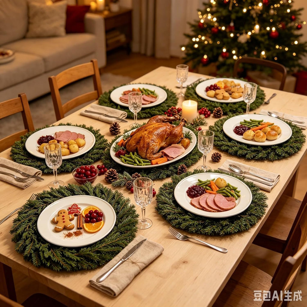 Christmas Placemats Set of 6 Artificial Cedar Wreath Charger Plates 19.7" Round Faux Greenery Branch Place Mats