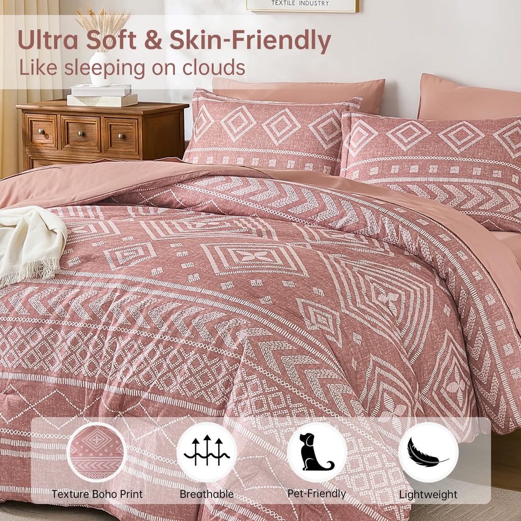 Boho Comforter Set King Size, 7 Pieces Aztec Blush Bed in a Bag