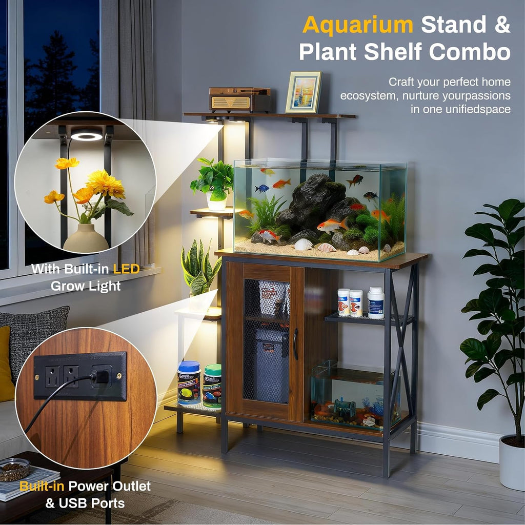 20-29 Gallon Fish Tank Stand with Plant Shelf, 2-in-1 Walnut Aquarium Stand