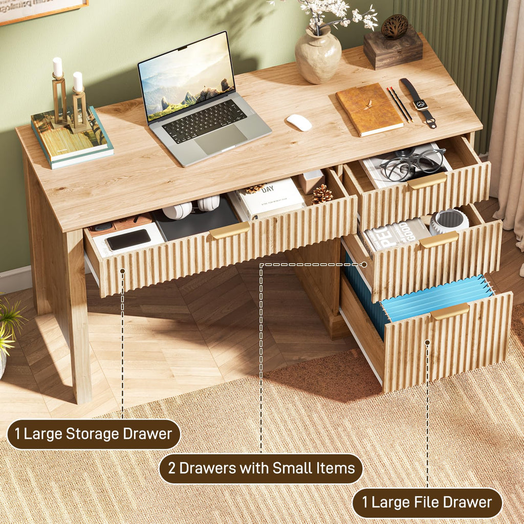 Fluted Executive Desk with Drawers, Wood Computer Desk with Ample File Drawer, Home Office Desk with Storage for