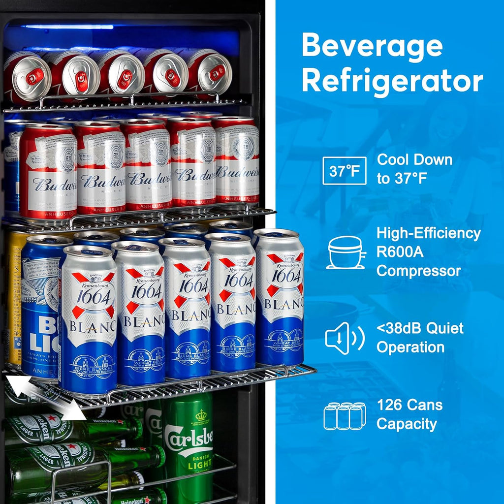 Beverage Refrigerator 17 inch Wide - 126 Can Beverage Cooler with Glass Door | C