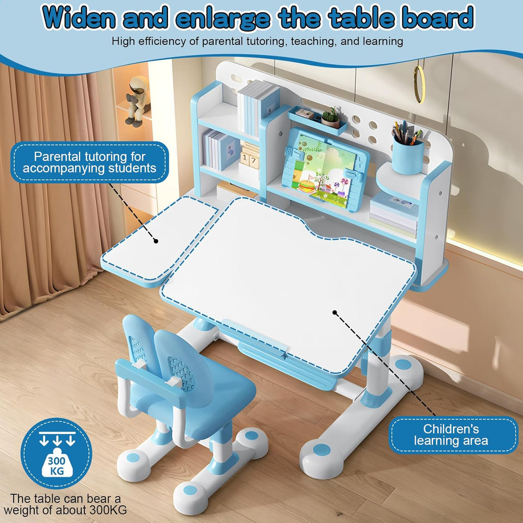 Kids Desk and Chair Set, Height Adjustable Kids Study Table with Widened Tabletop,Tiltable Reading Stand, Spine