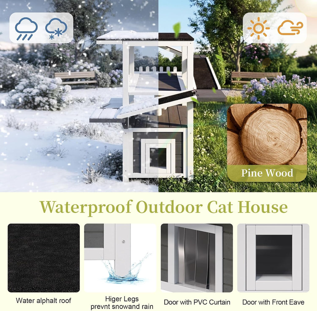 Outdoor Cat House with Roof, Wooden Cat Shelter for Feral Cat, 4 Tier
