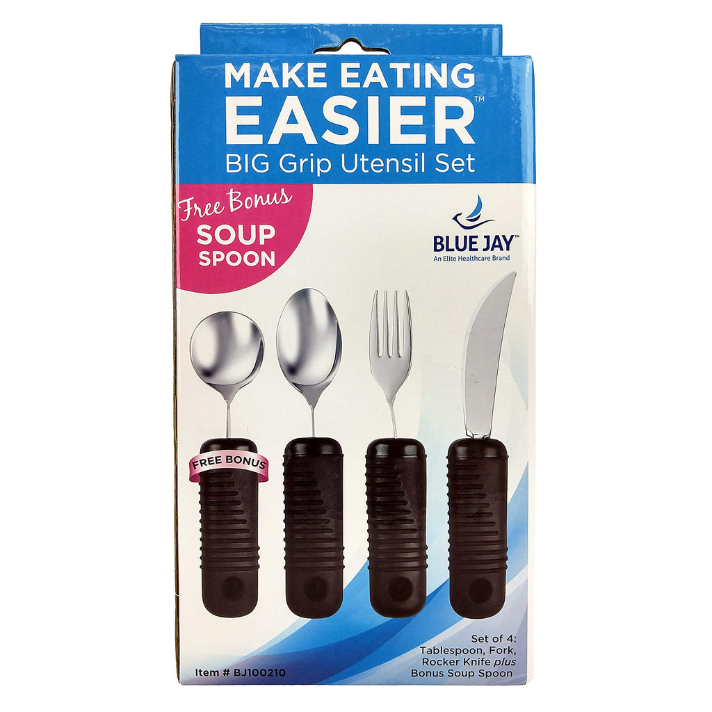 Jay Make Eating Easier Big Grip Utensil Set |Arthritis Aid Silverware Set|Ribbed Rubber Handles and Stainless Steel