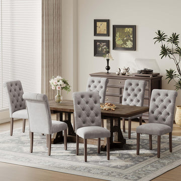 Upholstered Tufted Dining Room Chairs Set of 6, Parsons Kitchen Chairs with Padded Seat and Solid Wood Legs, Fabric