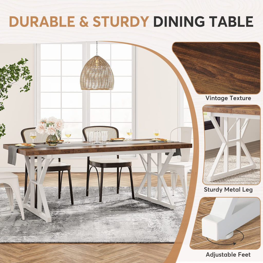 Farmhouse Dining Table for 6 People, 70.8-Inch Rectangular Wood Dining Table, Rustic Kitchen Table with Heavy Duty
