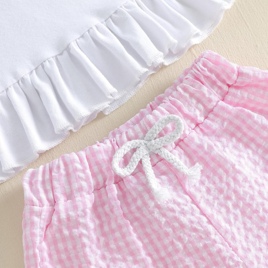 Toddler Baby Girl Puff Short Sleeve T-Shirt+ Plaid Shorts Castle/Lineworker Embroidery Clothes 2PCS Outfit Set