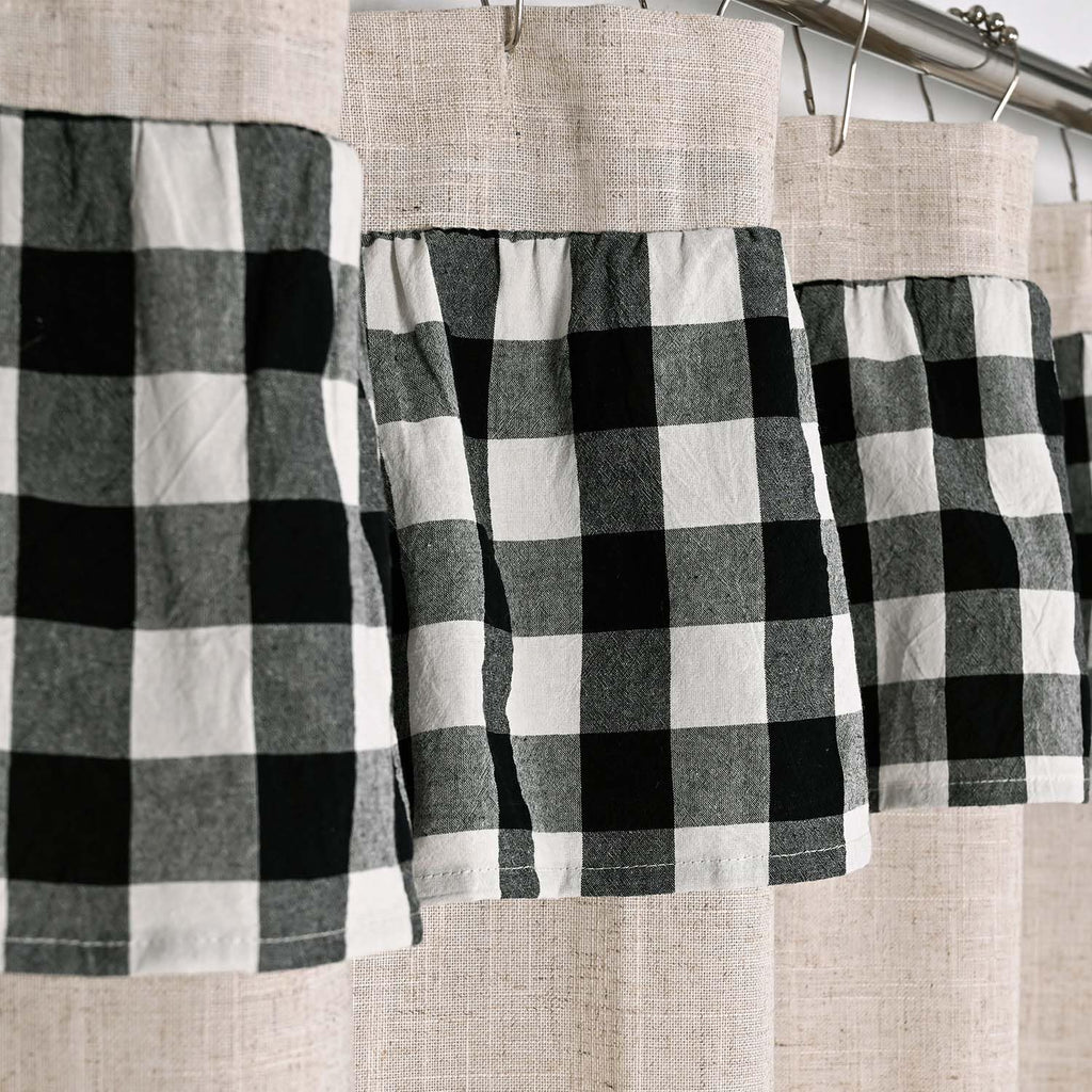 Ides Farmhouse Ruffle, Linen and Black Plaid Patchwork, Natural Bathroom Decor, Textured Weave for Modern and Shabby