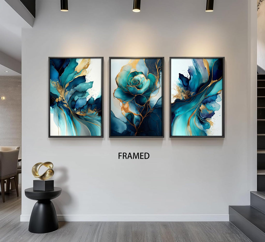 Framed Green gold canvas wall art Modern Blue Green and Gold Abstract Marble Fluid Posters Print Artwork Living Room