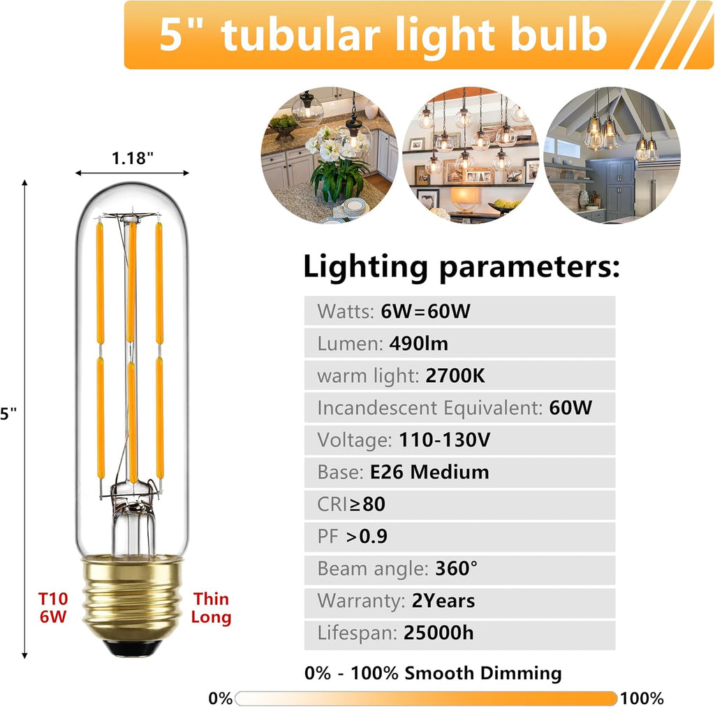 T10 E26 LED Bulb 60W Equivalent 2700K Dimmable, 4 Pack