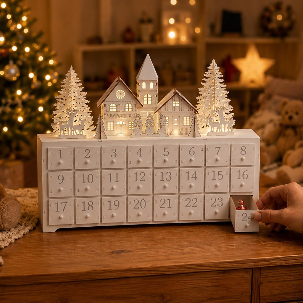 Christmas Wooden Advent Calendar House with 24 Drawers and LED-lit Scene, Countdown to Christmas Decoration to Fill
