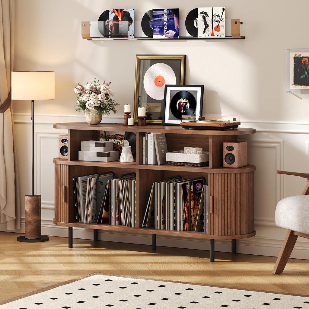55" Large Round Record Player Stand with Charging Station, Walnut