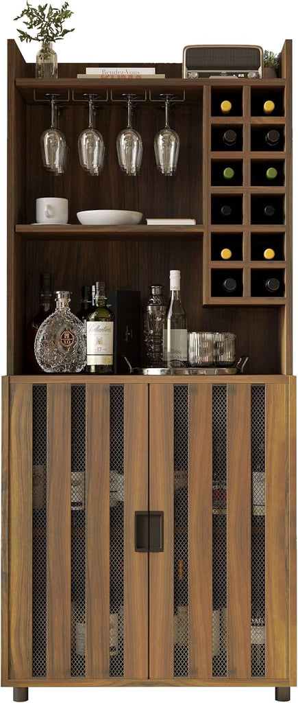 Wine Cabinet with 12 Wine Bottle Racks, 70'' Wine Bar Cabinet Bar Cabinet Tall with Storage, Modern WoodenTall Liquor