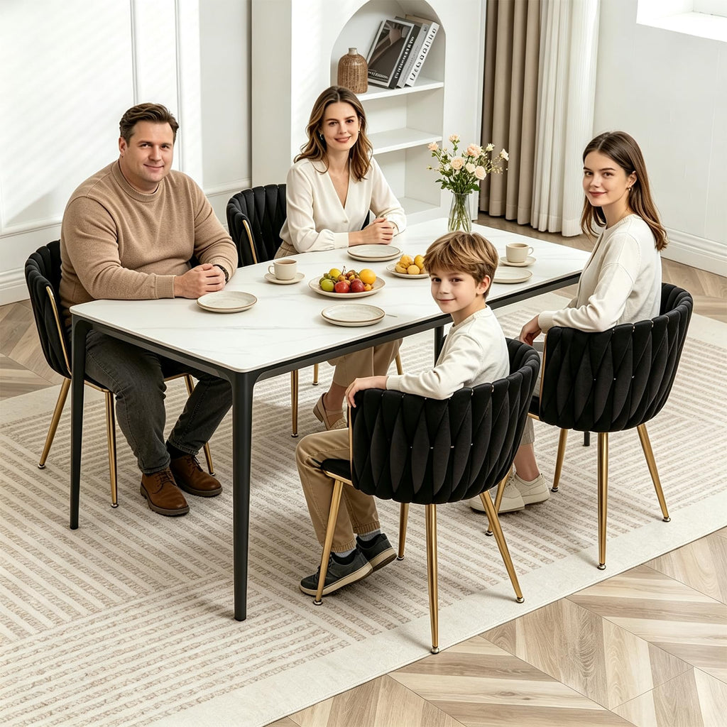 Velvet Dining Chairs Set of 4, Modern Upholstered Woven Dining Chairs with Gold Metal Legs, Modern Accent Chairs
