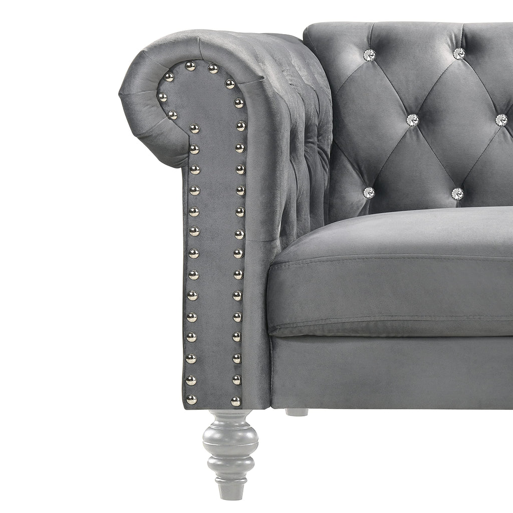 Glam Emma Three Seater Chesterfield Style Sofa for Small Spaces with Crystal Button Tufts, Gray