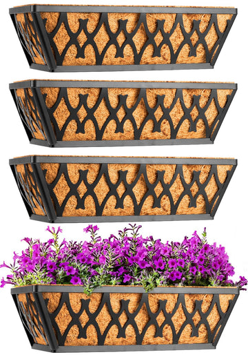 4 Pack 14 Inch Window Boxes Planters Railing Planter Box with Coco Liners Deck Railing Planter Boxes Balcony Hanging