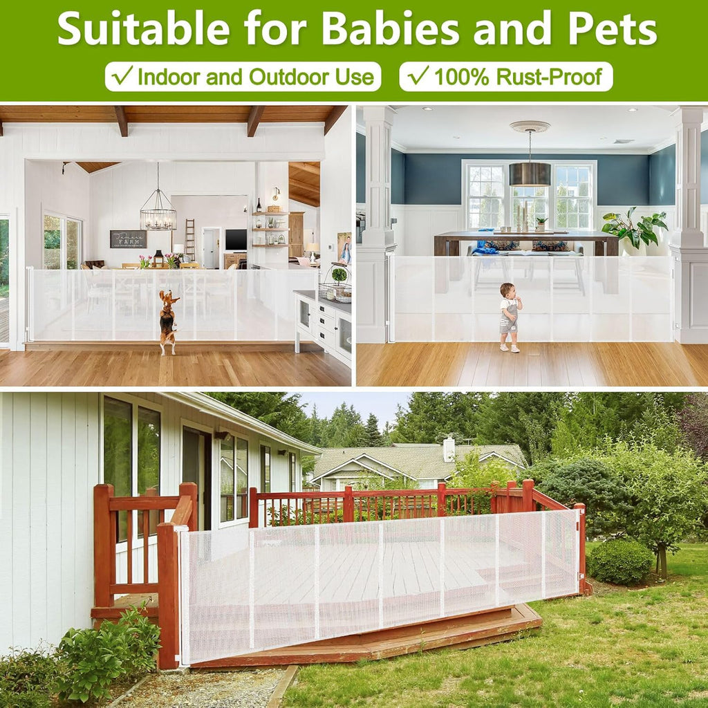 Reinforced 42" Tall Dog Gate 195" Extra Wide Retractable Baby Gate, White