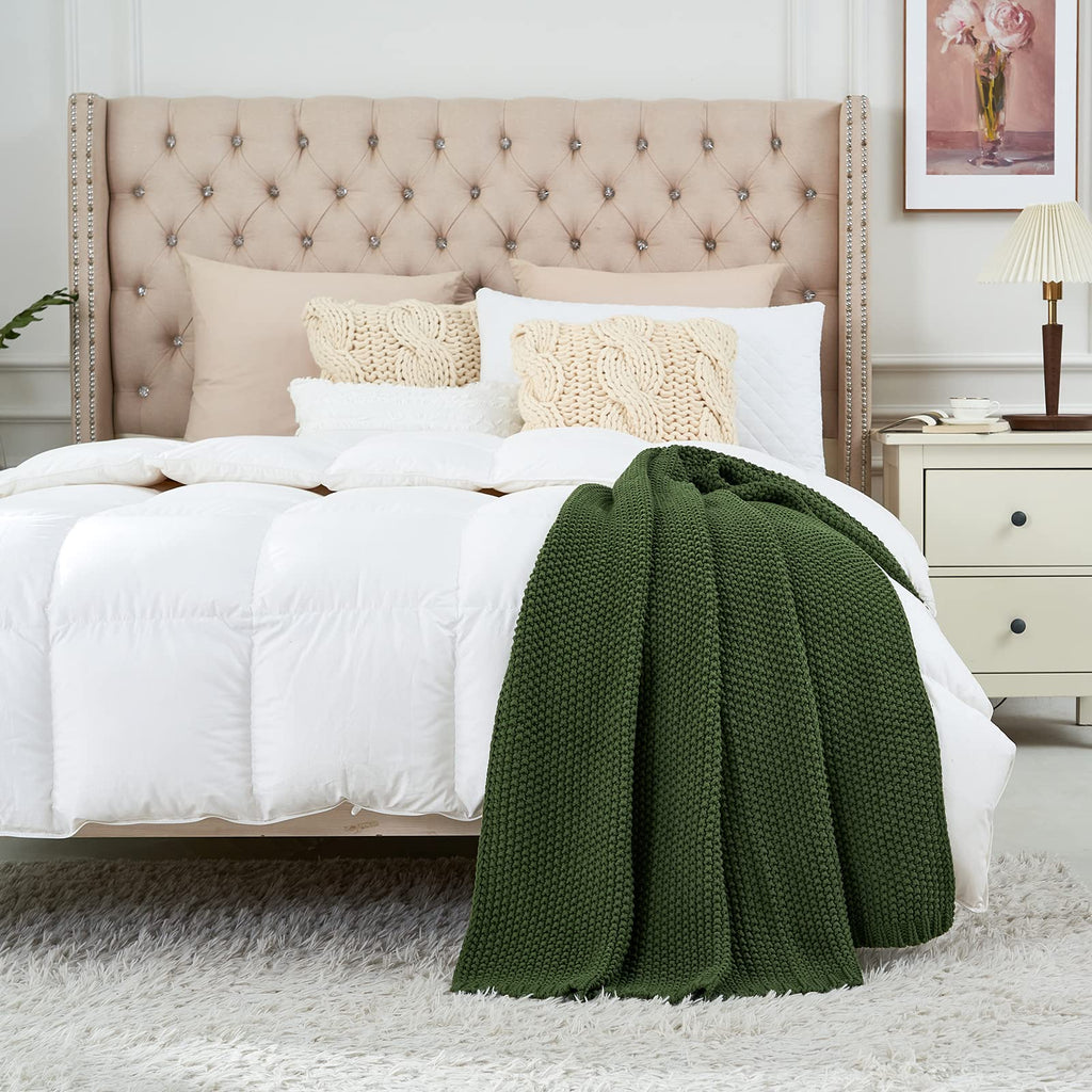 Chunky Cable Knit Throw Blanket Lightweight Olive Green 100% Organic Cotton Blanket for Sofa Couch Bed Baby Nursery