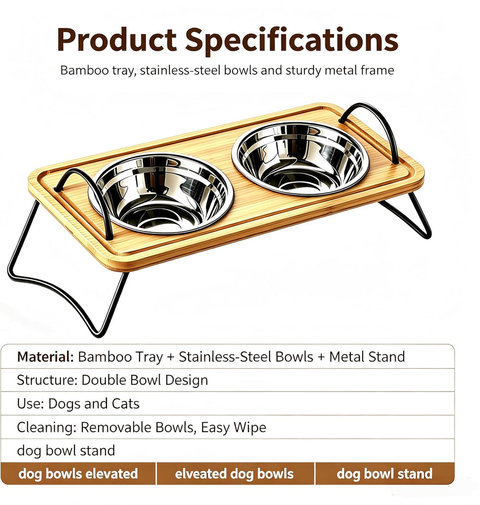 Dog Bowls elevatedRaised and Cat Food Bowl Stand, Elevated Bamboo Pet Feeder with 2 Removable Stainless Steel Bowls
