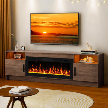 Fireplace TV Stand for 65-80 inch TV, Large Mid Century Entertainment Center with Fireplace & LED Lights, High Gloss