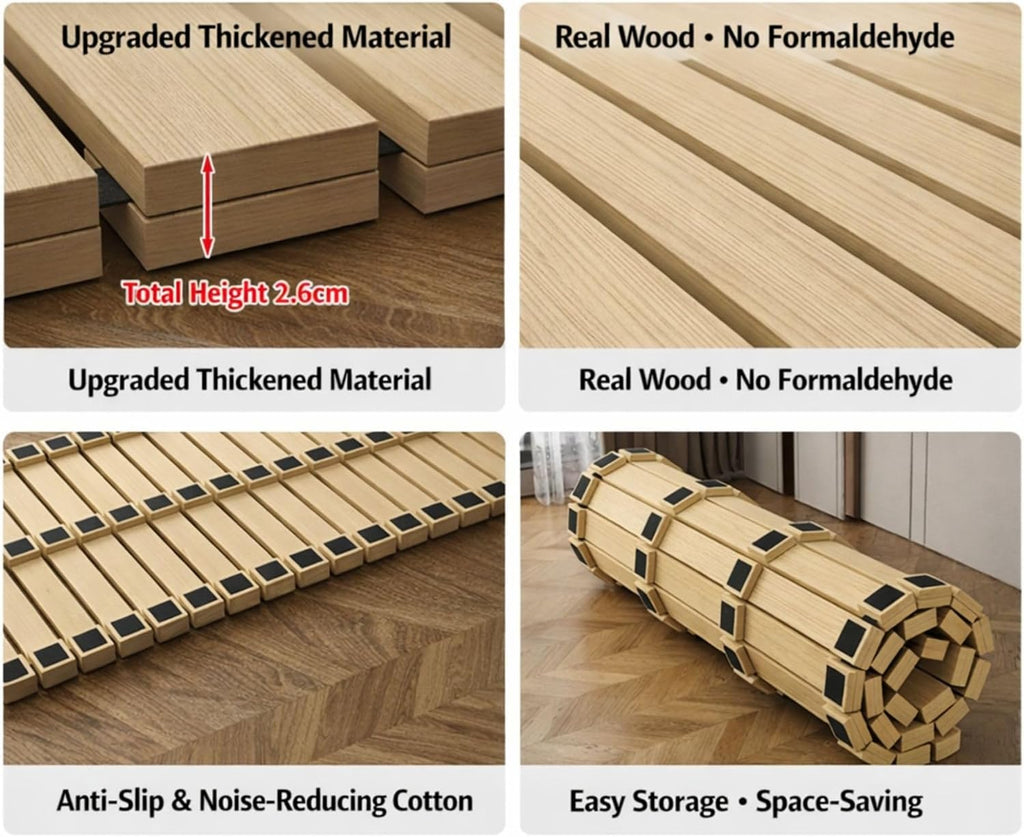 Scandinavian Natural Wood Slatted Roll-Up Bed Base, Japanese Style Tatami Mattress Support Platform, 79 x 35 Inches