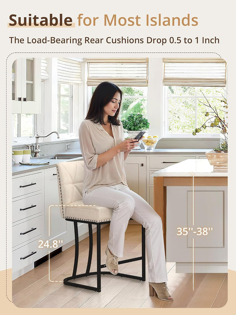 24" Bar Stools Set, Counter Height Bar Stools with 5.5" Thick Cushion, Upholstered Leather Barstools with Metal