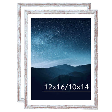 12x16 Picture Frame Set of 2 Rustic White with 10x14 Mat for 30 x 40cm Diamond Art Painting, Display Photo 10x14 with