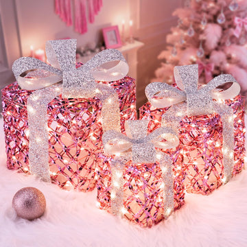 Christmas Lighted Gift Boxes, 170 LEDs Pink Christmas Decorations with Silver Bow, 8 Modes & Timer Set of 3 Plug-in