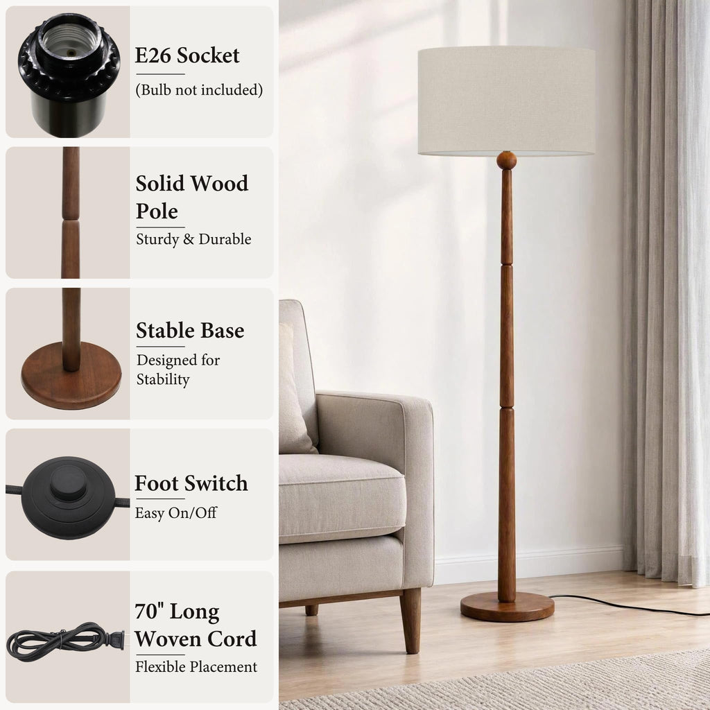 65 Inch Single Ball Walnut Wood Floor Lamp with Linen Shade, Beige