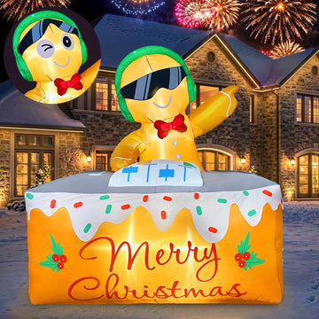 6FT Led Lighted Christmas Inflatables DJ Gingerbread Man Blow Ups for Yard