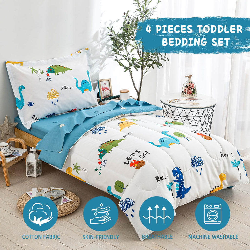 Cotton Toddler Bedding Set, 4 Pieces Dinosaur Kids Bed Comforter Set