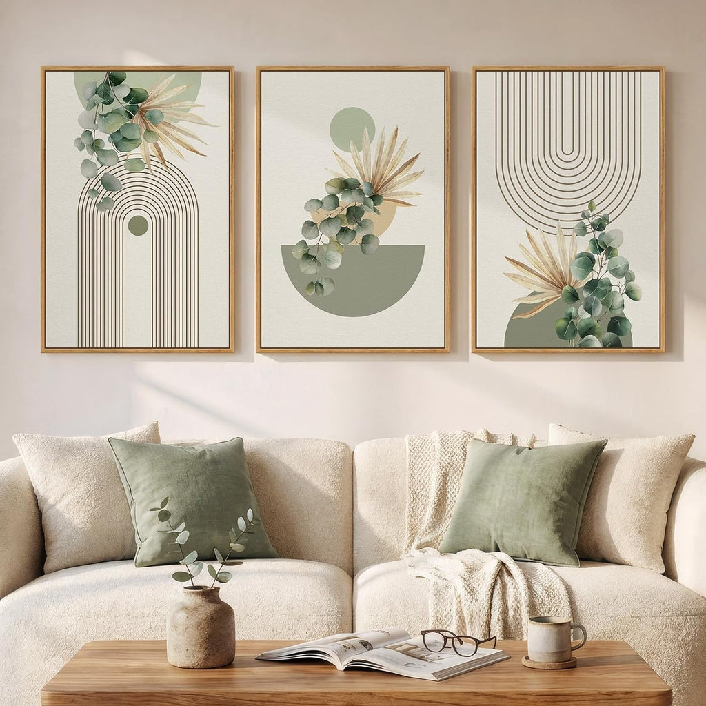 Framed Green Boho Wall Art , 3 Piece Bohemian Botanical Canvas Painting Prints, Modern Geometric Eucalyptus Leaf