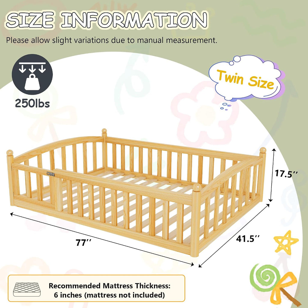 Floor Bed with High Rails, Montessori Bed Frame with Wood Slats and Door, Montessori Floor Bed for Kids