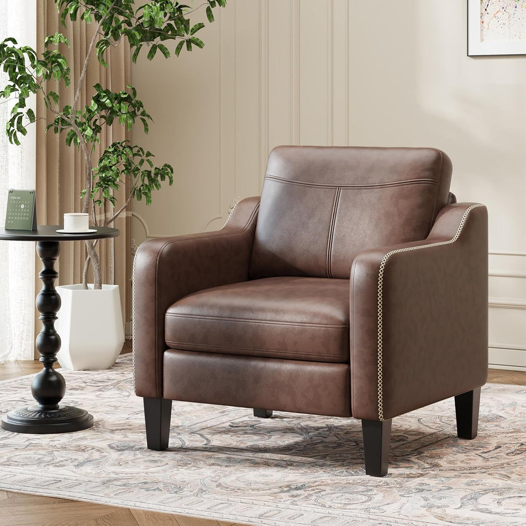 PU Leather Accent Chair, Mid-Century Modern Living Room Armchair Sofa with Removable Cushions, Solid Wood Frame &