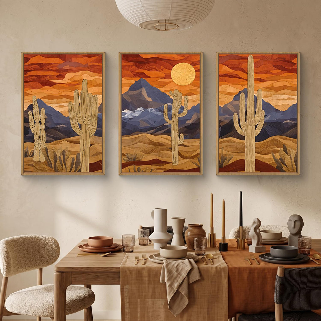 Mountains Desert Framed Canvas Wall Art Set, Abstract Sun Art Prints, Modern Cactus Paintings Artwork, Mid Century