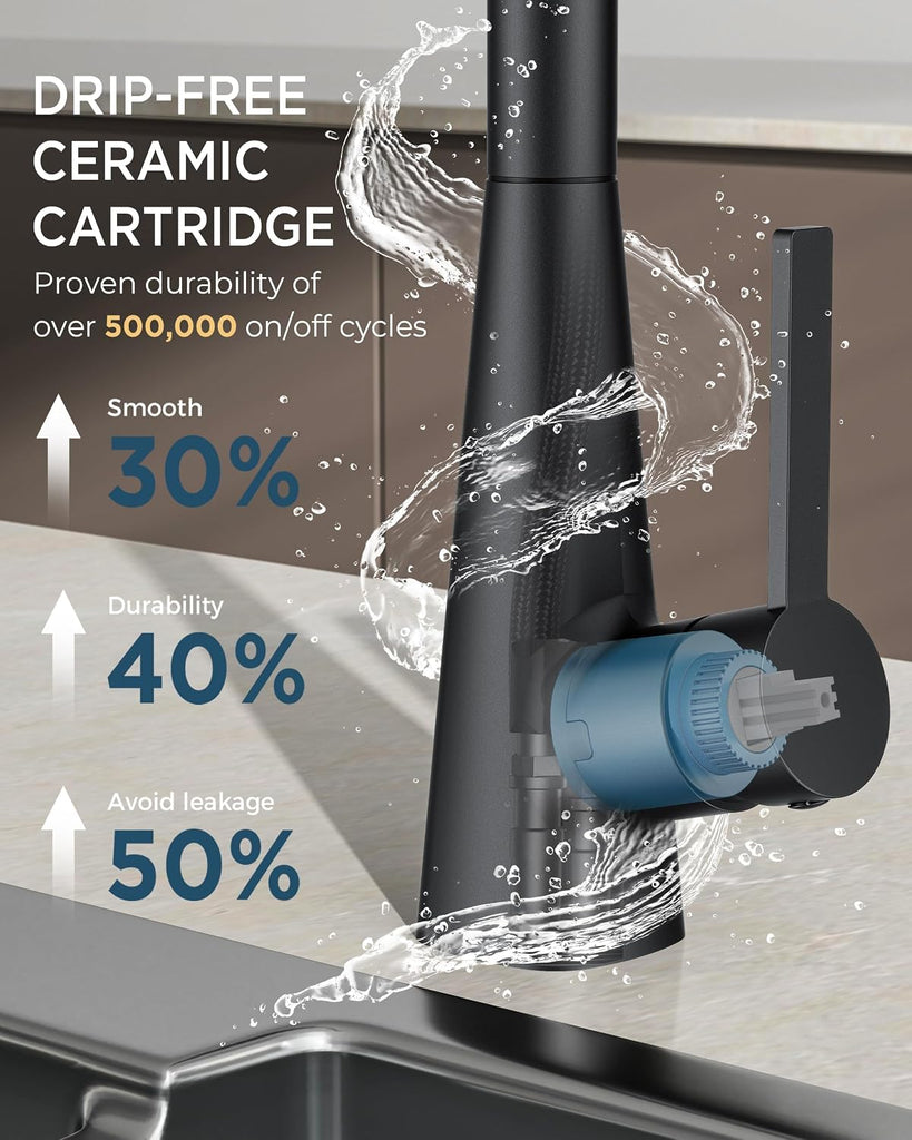 Kitchen Faucet with Soap Dispenser, 4-Function Pull Down Sprayer | Lead-Free, Modern Black, High Arc Stainless Steel